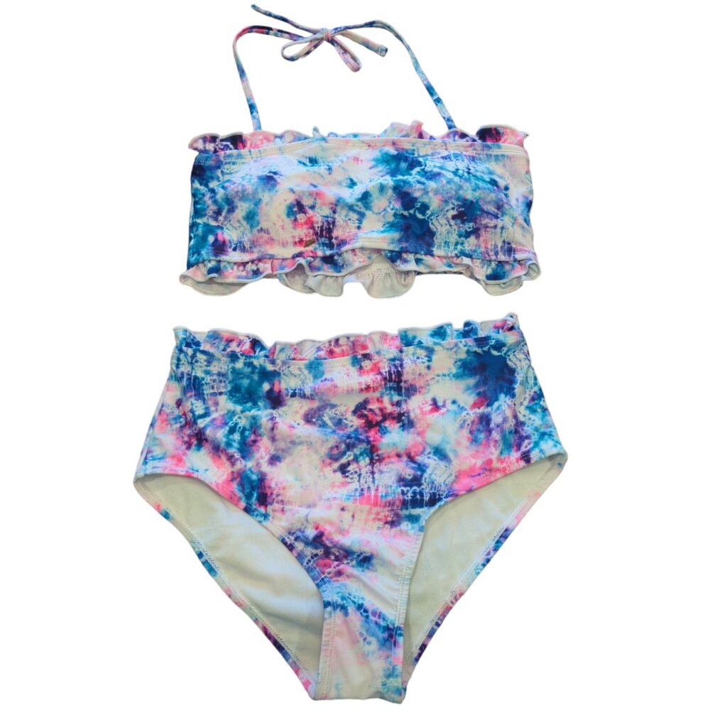 NEW Shekini Tie Dye Bandeau Ruffle Trim Bikini Women's S